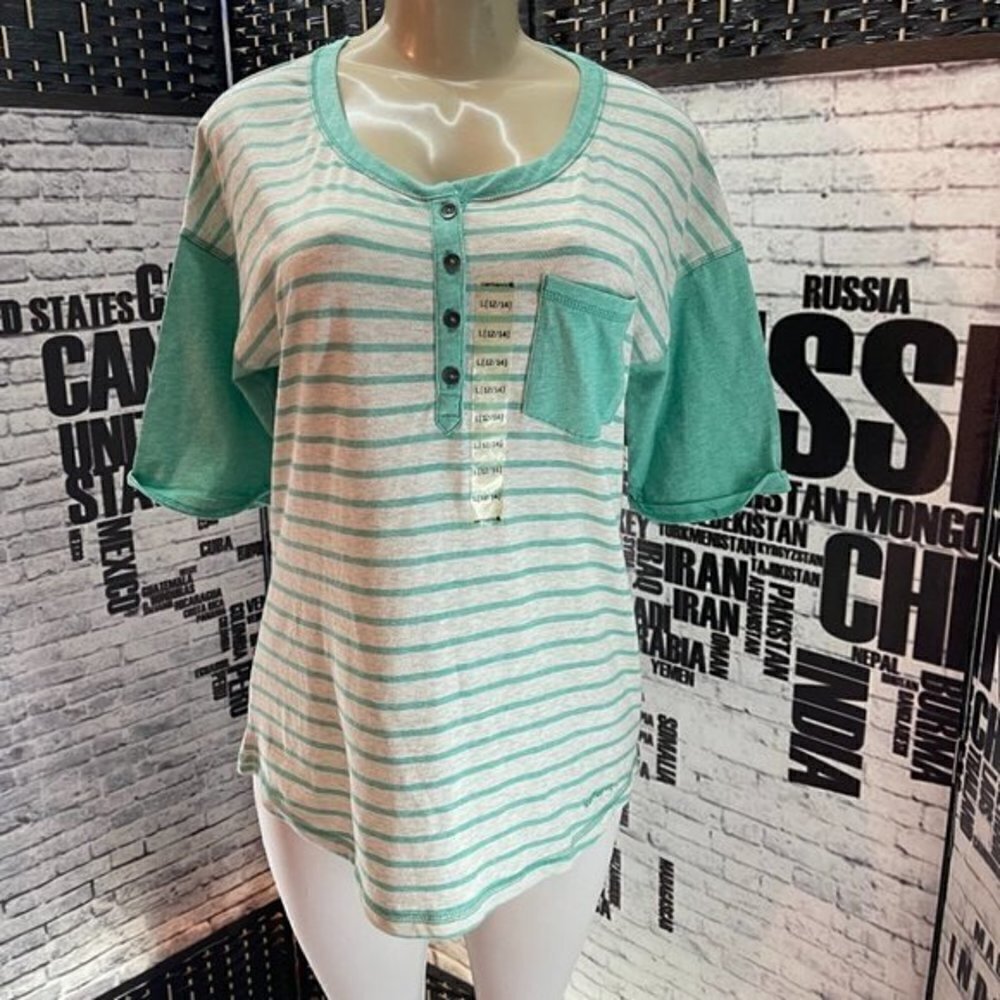 Carhartt L Green Striped Button Neck Baseball Tee